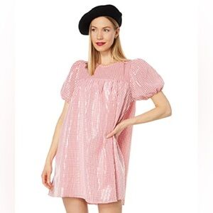 English Factory Pink Gingham Puff Sleeve Mini Dress